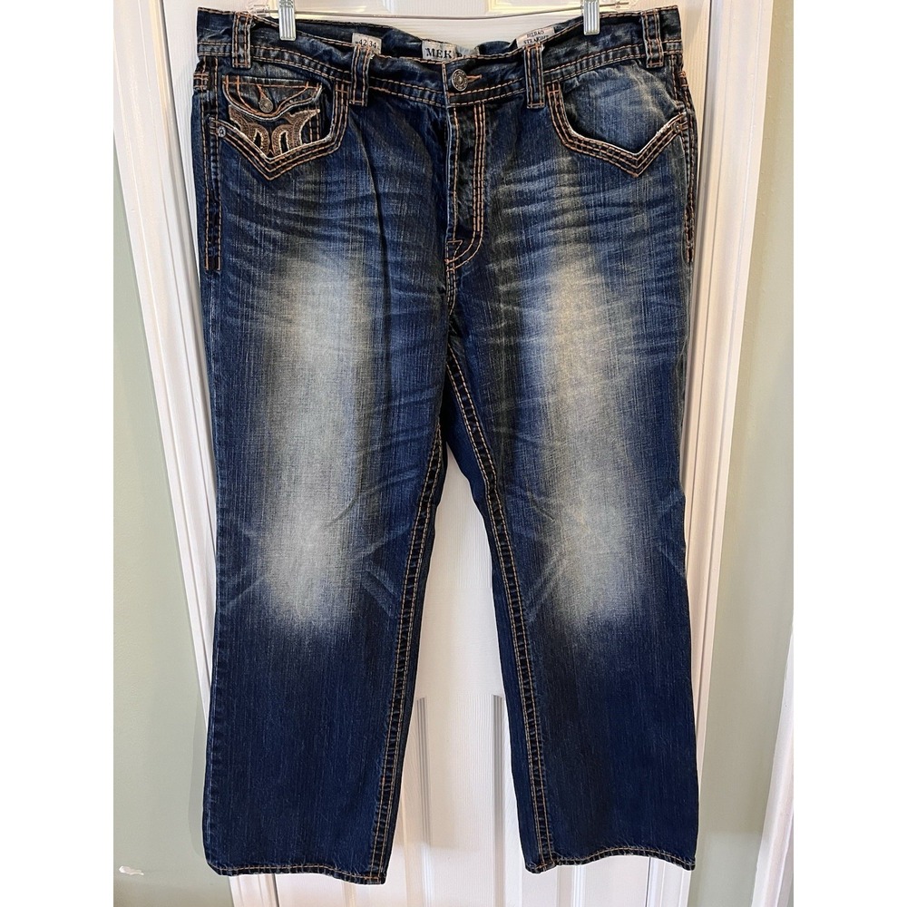 Mek Denim Jeans Men 42x34 Blue Distressed Bilbao Straight Button Fly Flap Pocket